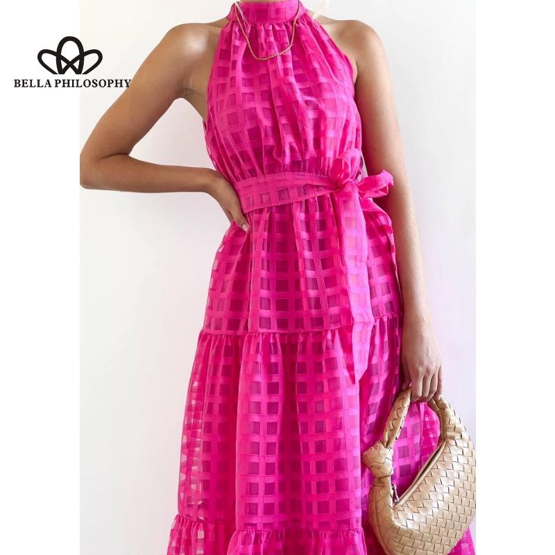 Evropská americká léto Nové pro volný čas Špičkové šaty bez rukávů v pase Velká houpačka Lehký vítr Plážové prázdninové šaty ke krku