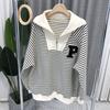 New Spring Autumn Fashion Simple Zipper Stand Panel Stripe Letter Print Casual Loose Oversized Versatile Sweater