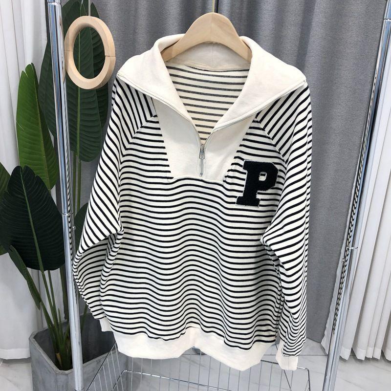 New Spring Autumn Fashion Simple Zipper Stand Panel Stripe Letter Print Casual Loose Oversized Versatile Sweater