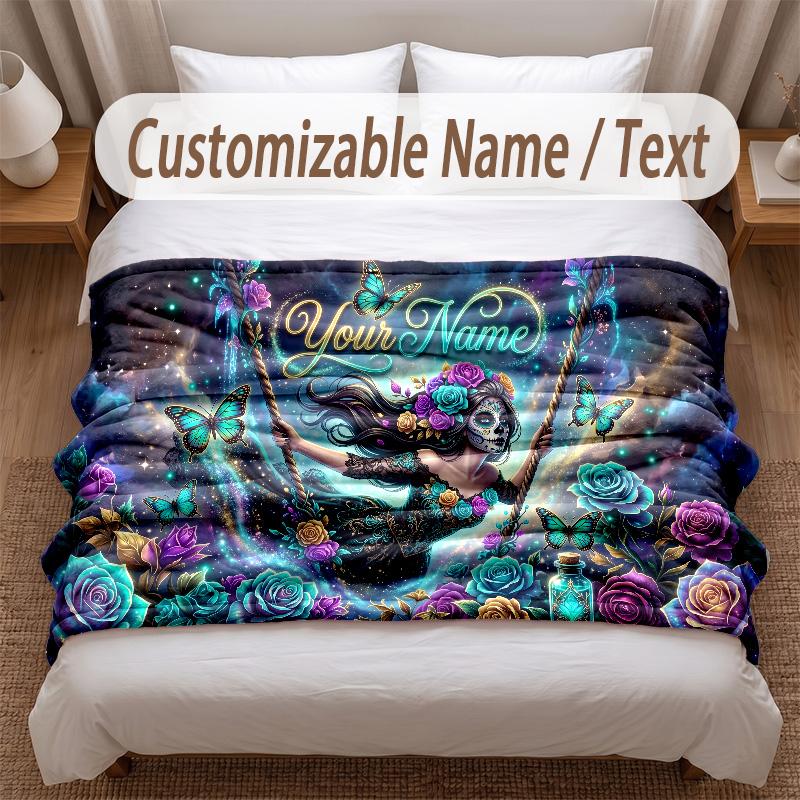 Skull Gothic Theme Soft Blanket Personalized Custom Name Text Print Warm Blanket Home Sofa Bedroom Decor