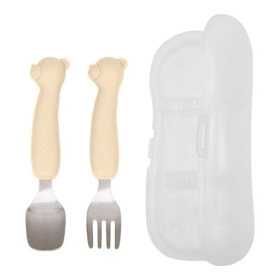 TGM Tragbares Set aus Silikon für Kleinkinder, Bärenform, kleiner Löffel + Gabel + Etui aus Edelstahl, 1 Set, beige (Löffel Gabel), zufällige Lieferung (Fall), Koreanisches Geschirr