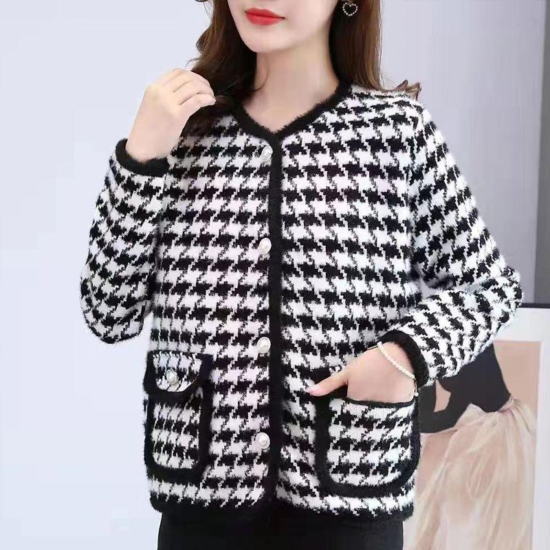 

Пальто-кардиган 2022, клетчатый свитер с узором «гусиные лапки» и женский короткий универсальный круглый вырез в иностранном стиле One Size чёрный