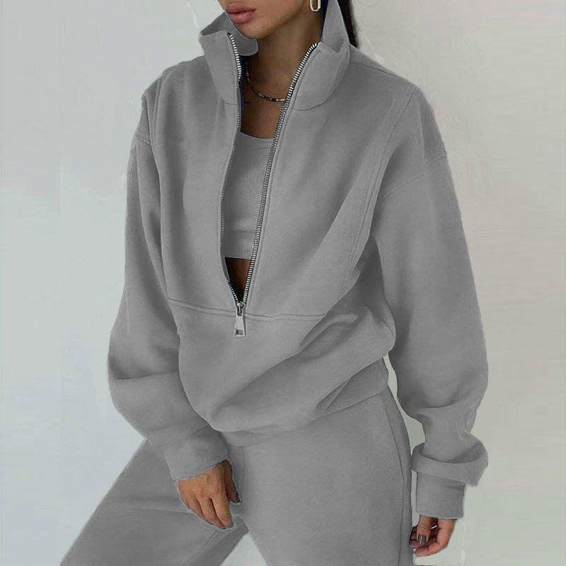 Fall and Winter New Arrival Fashion Stand Collar Zipper Fleece Loose Long Sleeve Sweatershirt Jogger Pants Pants Casual Sports Two-Piece Suit