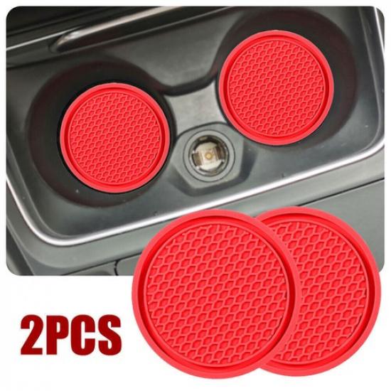 2pcs Red Car Cup Holder Anti-Slip Insert Coaster Pad Auto Internal Accessories