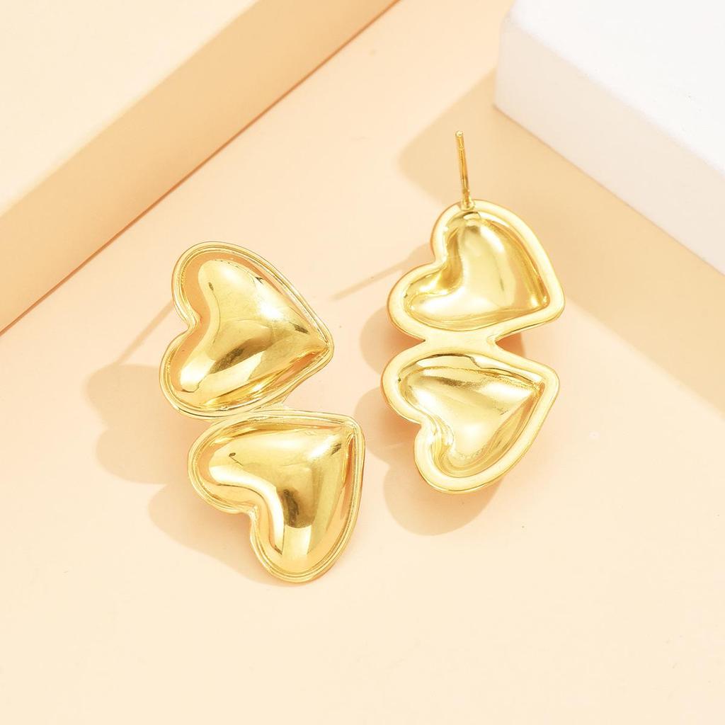 Cross Luxury Heart-Shaped Stainless Steel Light-Sensitive Earrings for Women - Versatile Double Heart Studs