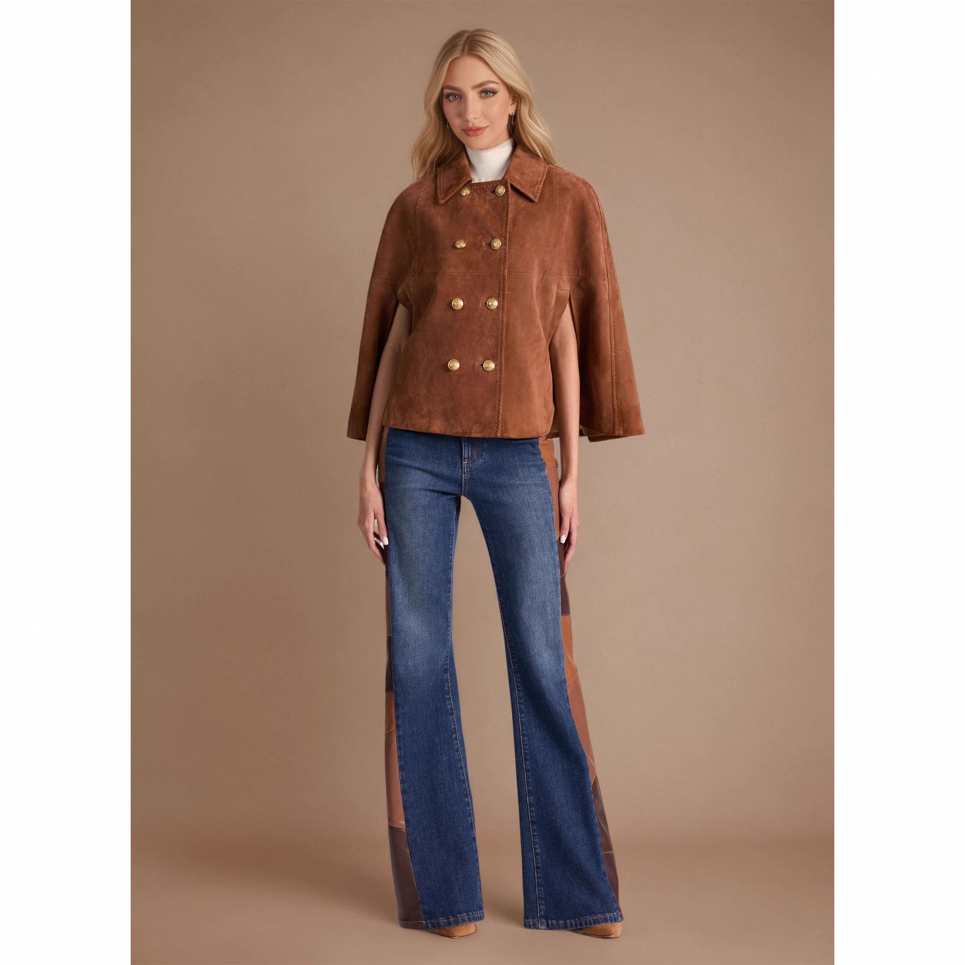 European and American fashion retro loose version double-breasted metal buckle decorative design lapel brown suede cape jacket european and american code s