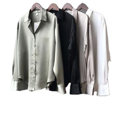 Camicia in Raso di Acido Acetico da Donna con Design di Camicia a Maniche Lunghe Cadente verso l'Esterno Lucida Nicchia Top Maturo Primavera