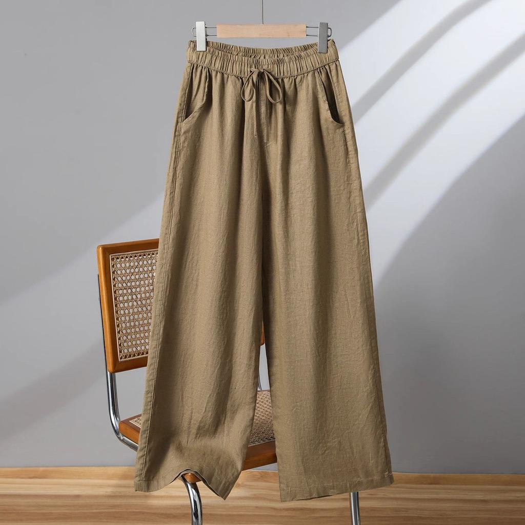 Summer Wide-leg Pants for Women's Zen Suits, High Waist Drooping, Nine-point Pants, Large Size Tai Chi Pants, Drawstring Straight Casual Pants