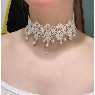 Korean Retro White Lace Pearl Pendant Choker Necklace
