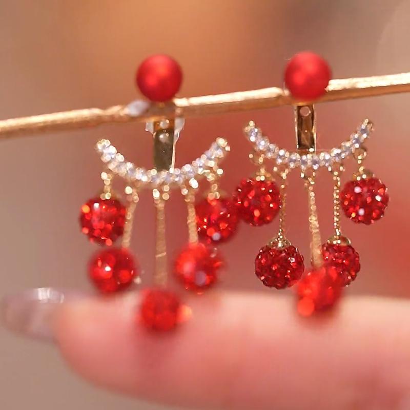 Red Pearl Diamond Ball Back Hanging Stud Earrings Women'S Two-Wear Design Versatility Earrings