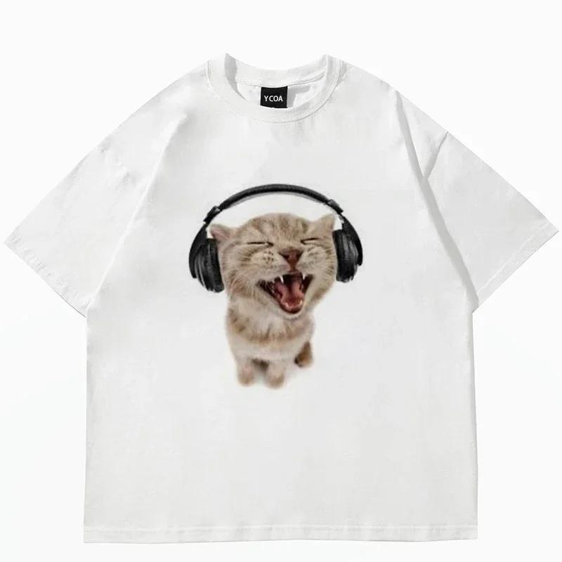 Women's Cute Cat Print Short Sleeved Cotton T-shirt Women's Harajuku Fashion Couple Loose Fitting Retro Street Style Clothing