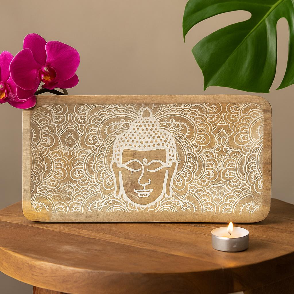 Long Tray Buddha Face Whitewash 30x15x2.5cm