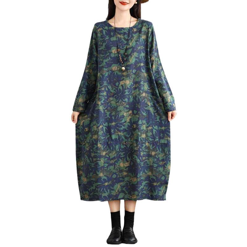 Rochie nouă din bumbac și in cu imprimeu, cu mâneci lungi, imprimeu retro, mărime mare, gât înalt, lungime medie