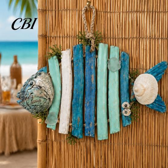 Coastal Home Decorations Lighted Wooden Fish Hanging Wall Decor, Rustic Nautical Fishing Wood Sculpture with LED Lights, Handcrafted Sculptures Beach