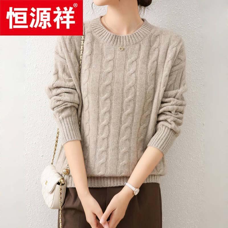 

Hengyuanxiang Women s Round Neck Thickened 100% Cashmere Cable Knit Sweater One Size