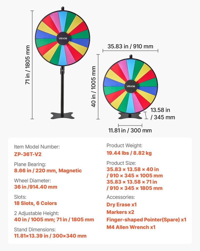 914 mm Spinning Prize Wheel, 18 Slots Spinning Wheel with Stand, Adjustable Height Win Fortune Roulette with a Dry Erase and 2 Markers, 6 Colors, Easy