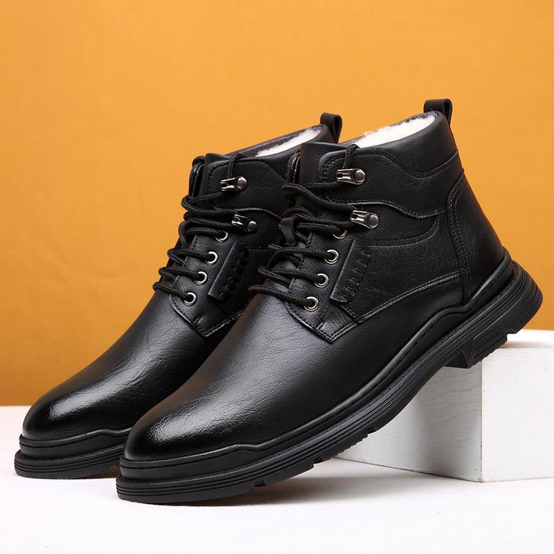

Men s shoes winter Martin boots men s 2025 autumn and winter British wind velvet wool leather cotton shoes high-top snow 38 чёрный