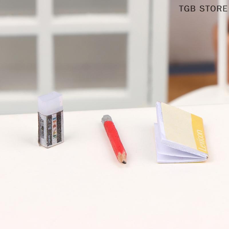 1Set 1:12 Dollhouse Pencil Eraser Notebook Set Student Stationery Model Kid Pretend Play Toy Doll House Accessories