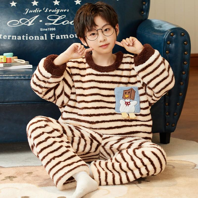 Boys Warm Flannel Pajama Set Winter Thick Coral Fleece Sleepwear Kids 8 Years
