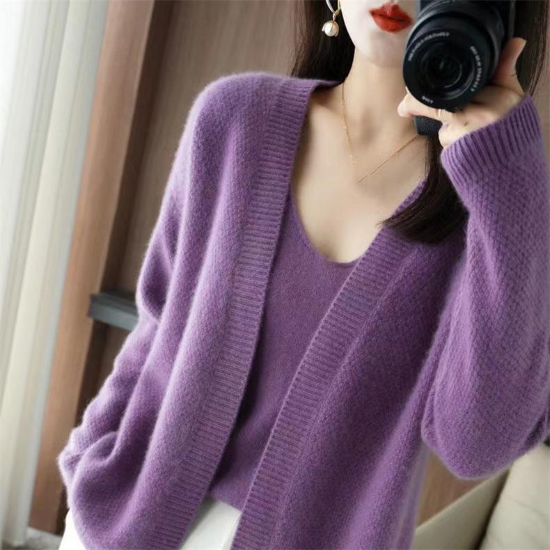 Women Autumn Winter Solid Causal V-Neck Top Vest Long Sleeve Knitwear Knit Sweater Cardigan 2 Pic