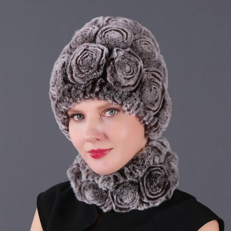 Rex Rabbit Rose Hat and Flower Scarf Set Specializing in the production of Rex Rabbit Scarf Hat Two-piece Adult Hat