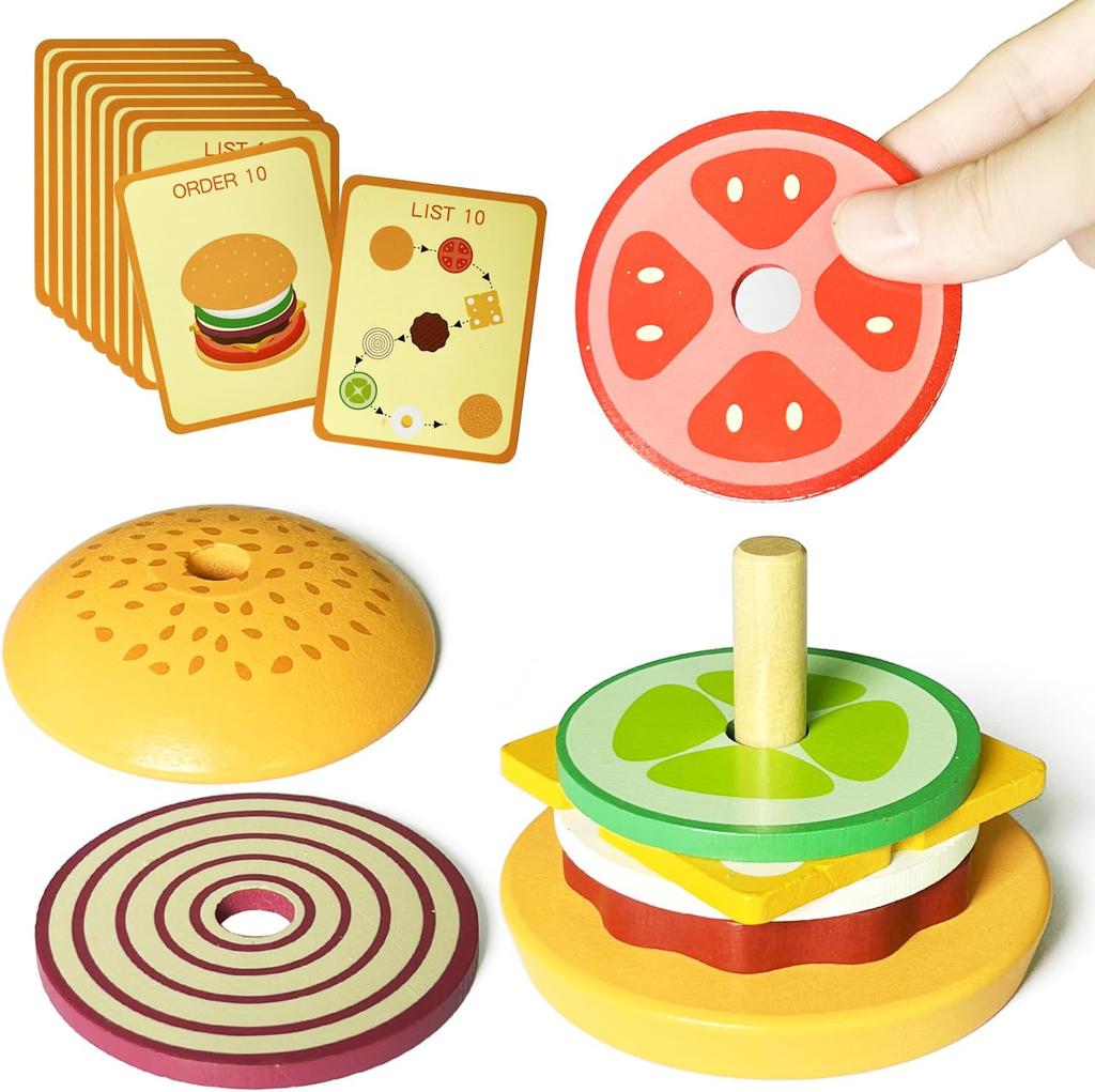 Wooden Hamburger Children's Stacking Toy, Wooden Burger, Food Cooking Toy, Wooden Stack Play Kitchen, Christmas Gift for Boys and Girls, 3+ Years