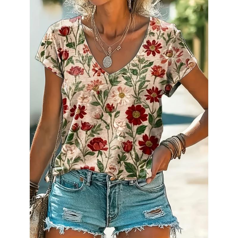 V-neck floral print short-sleeved top S