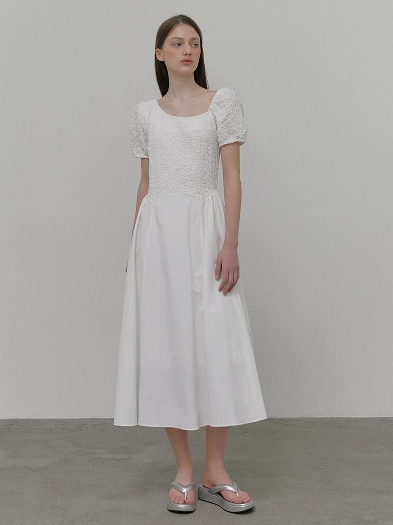 Etmont Texture Shirring Dress, White