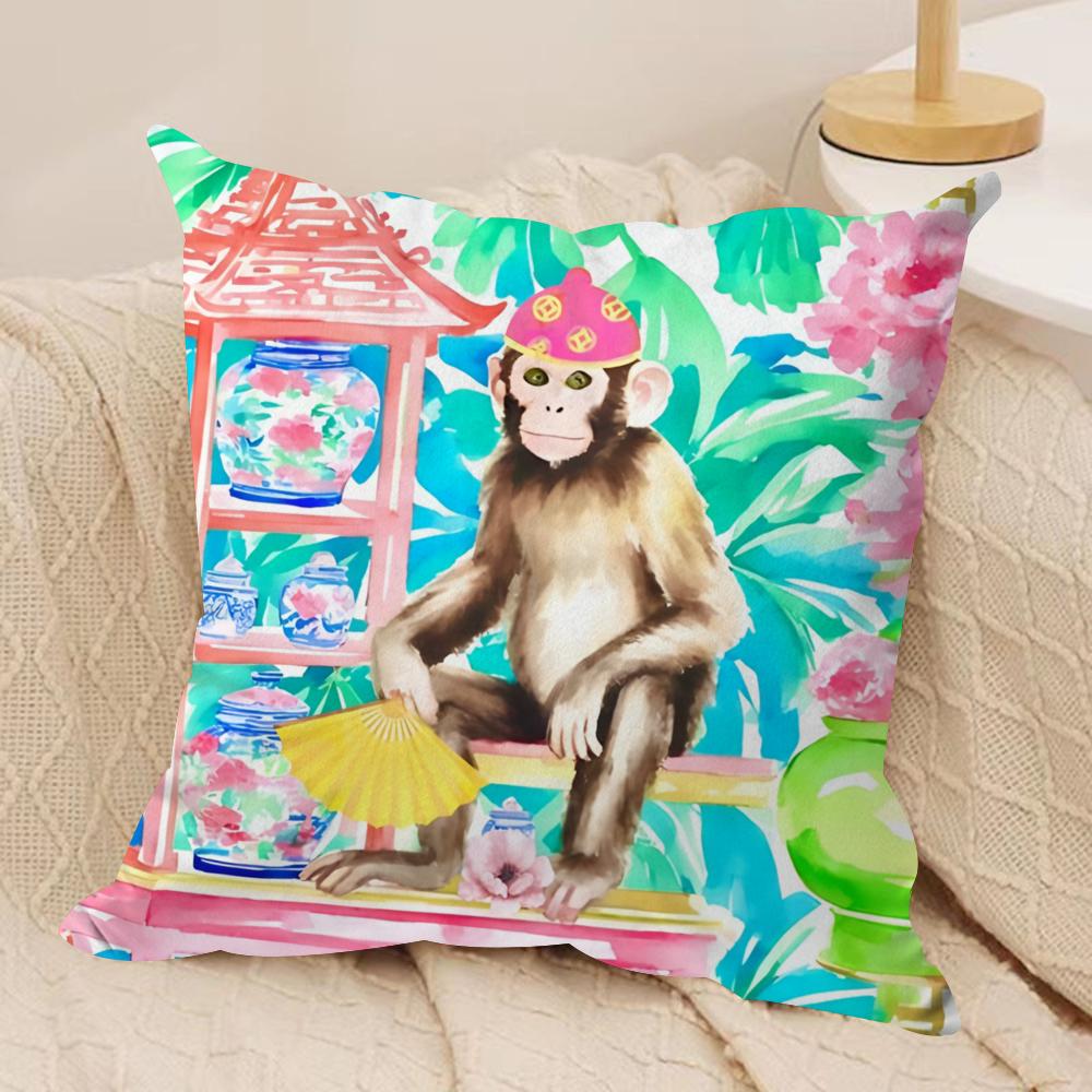 Monkey in chinoiserie garden Cushion Cover Soft Plush Fabric DoubleSided Printed Cushion Covers for All Seasons Home Decor