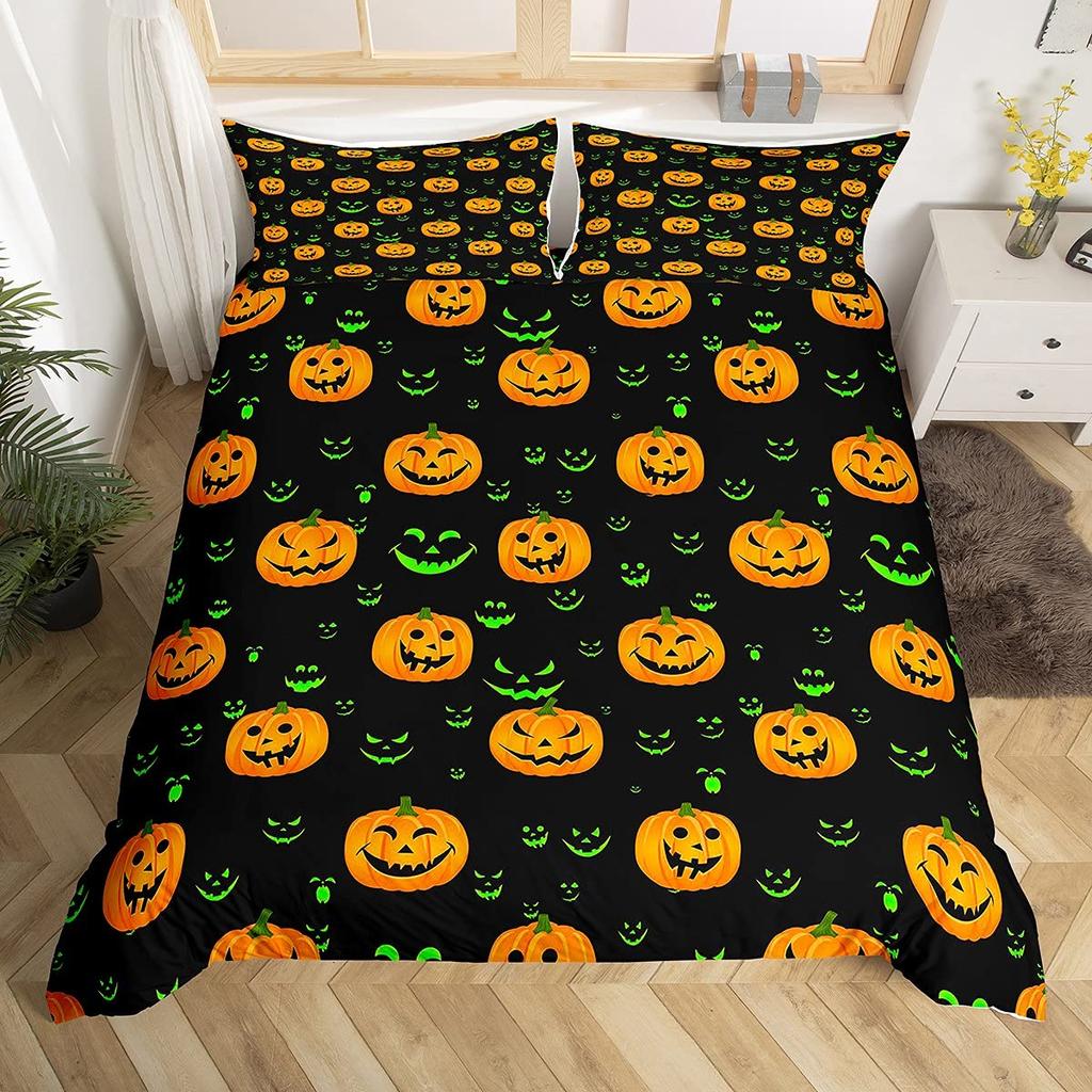 Cute Ghost Duvet Cover Halloween Theme Yellow Bedding Set Pumpkin Lantern Floral Ghosts Comforter Cover Polyester Quilt Cover