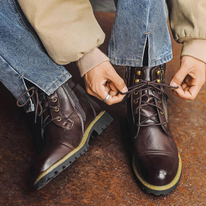 Pánské kožené kotníkové boty Kovový dvojitý zip Motorkářské boty Retro vysoké pánské boty Designérské Nadměrná velikost 48 Kožené boty