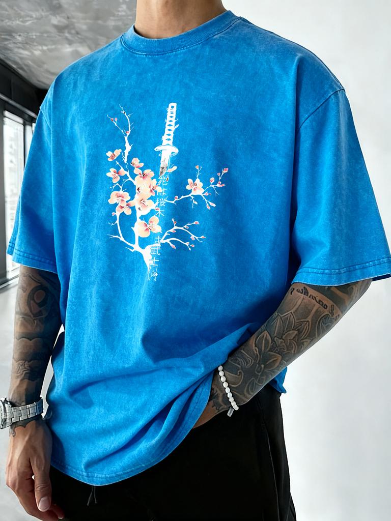 Japanese Cherry Blossom Sword Print Mens Washed TShirt Summer Cotton Short Sleeve Sport Running T Shirt Casual Loose Top