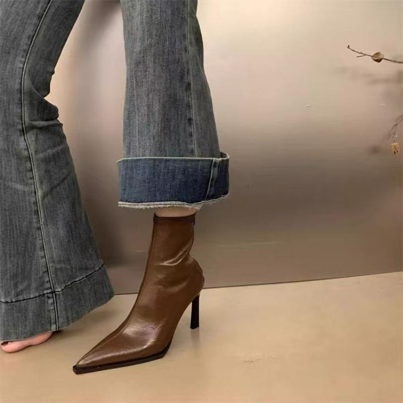 Retro Pointed Toe High Heel Short Boots Autumn Winter New Brown Slim Fit Thin Heel Versatile Boots PU Leather Insole Rubber Surf