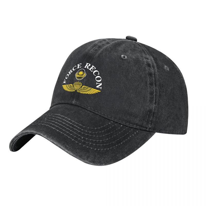 Force Recon Gestickte Gewaschene Baumwoll-Baseballkappe Mit Goldfarbenem Flügel-Logo Schwarz Verstellbare Passform Klassischer Stil Outdoor-Hut