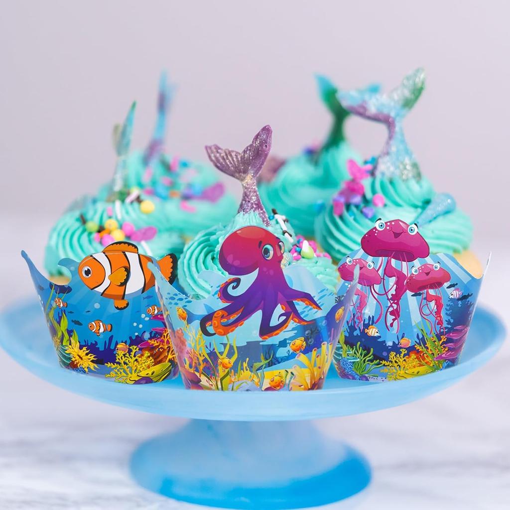 Whaline 36Pcs Sea Animals Cupcake Wrappers Colorful Ocean Animals Cupcake Liners Under the Sea Cupcake Holders for Summer Ocean Birthday Party