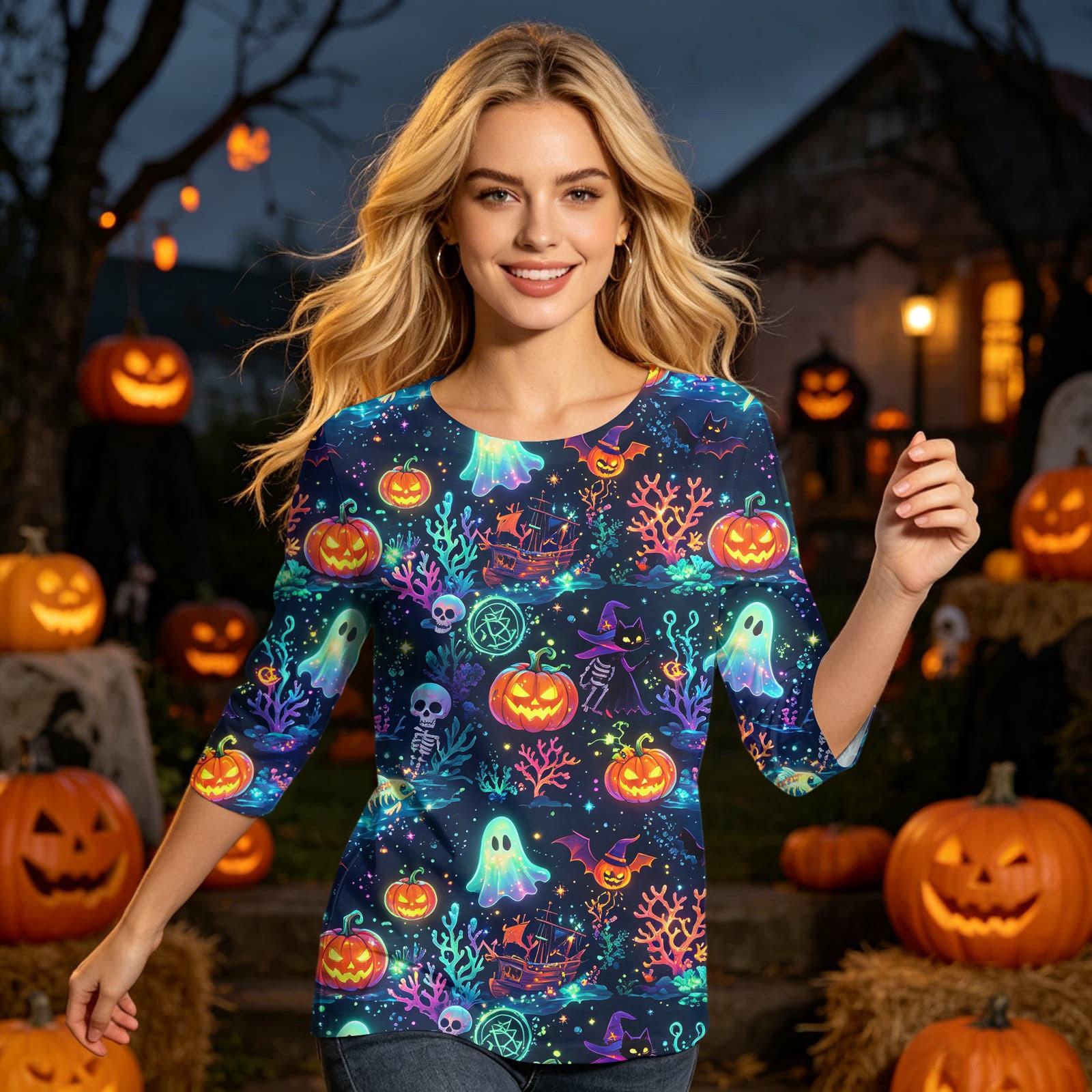 Women s Casual Three Quarter Sleeve Crew Neck Top Halloween Pattern Printed Lightweight Pullover Shirt for Everyday Wear S