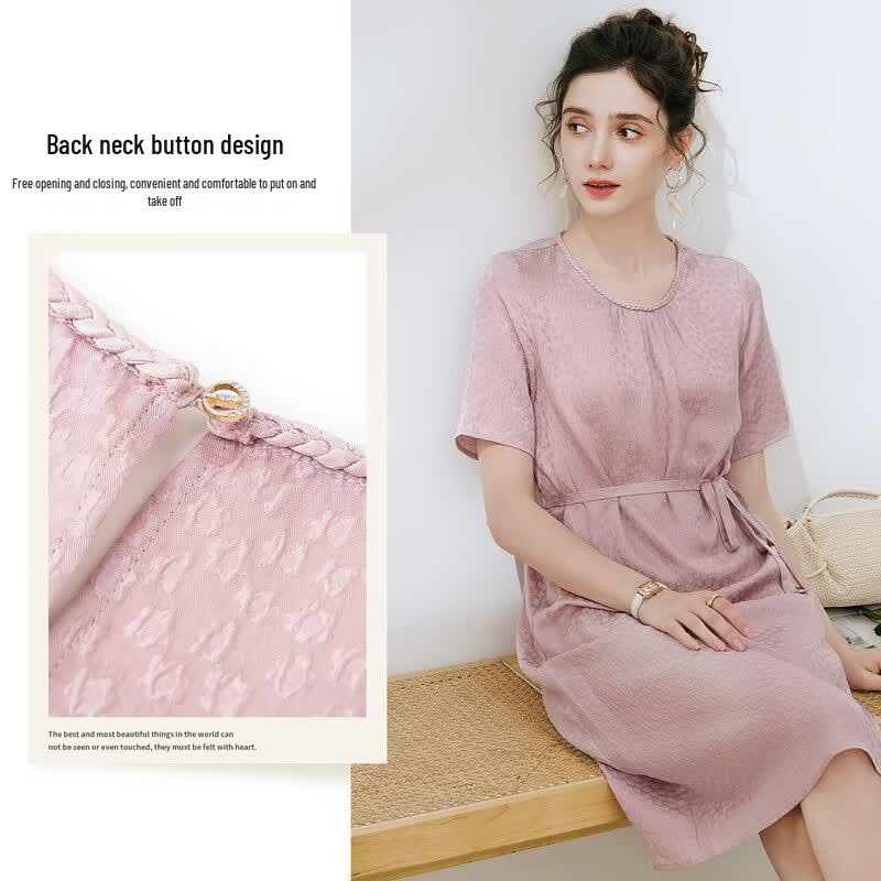 TUHUANG 19 Momme Mulberry Silk Round Neck Dress