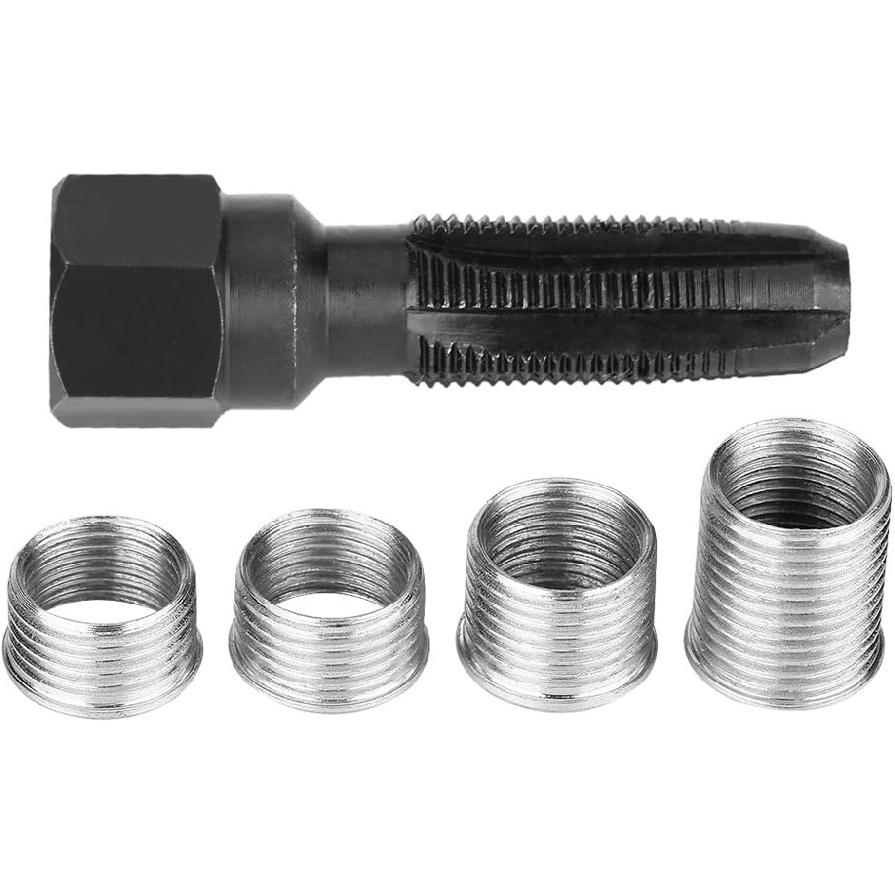 Spark Plug Thread Repair Kit, Akozon 5Pcs Carbon Steel Spark Plug Re-thread Tap Tools with Inserts for 14mm Sparking Plugs Repair
