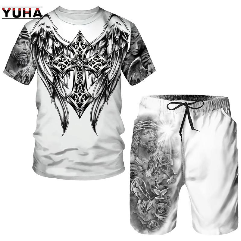 Summer Men's 3D Lion Cross Printed Men's T-shirt/Shorts/Suit Short Sleeve Jesus Love Everone Christian Street Wear 2 Pcs