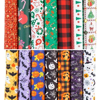 7-Color Patchwork Fabric Set: Halloween & Christmas Floral Cotton Scraps, Gingham Handmade DIY Lining.