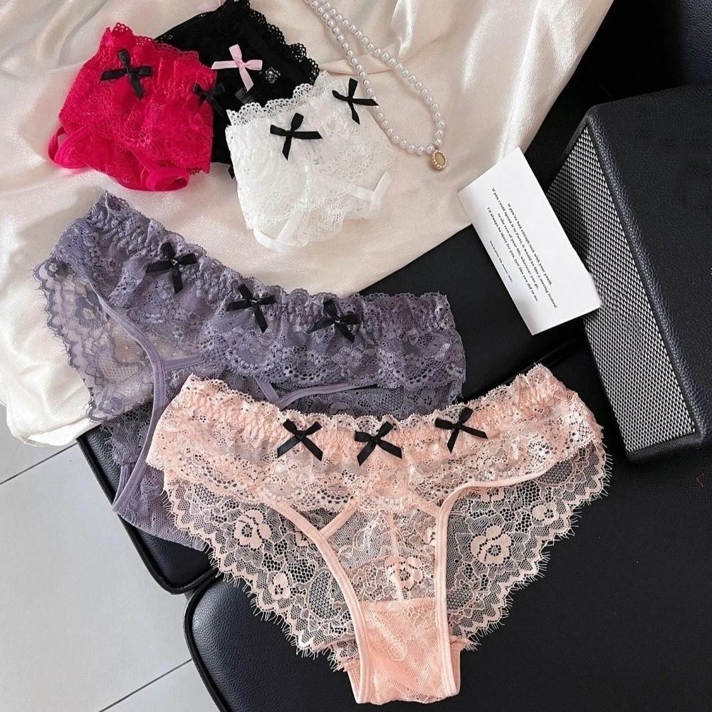 Low Waist Bowknot Lace Panties Japanese Style Mini Bow Underpants Breathable Thong for Women Lady