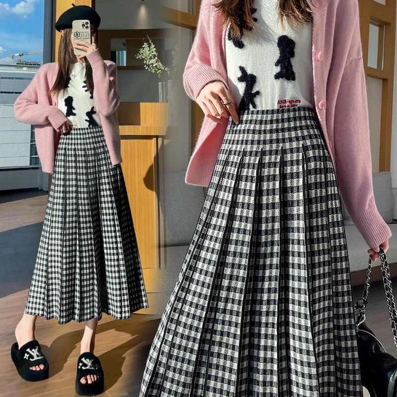 Women's High-Waisted Plaid Pleated Wool Midi Skirt - Fashionable, Slimming, A-Line Design