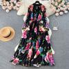 Palace Style Round Neck Print Lantern Sleeve Loose Dress