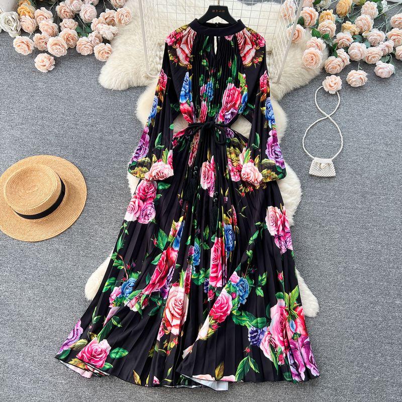Palace Style Round Neck Print Lantern Sleeve Loose Dress