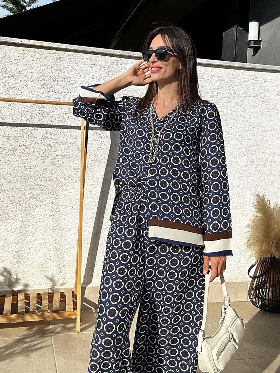 

Women s New Fashion Cross-Border Two-Piece Set: Long Sleeve Print Shirt and High Waist Pants XXL