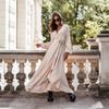 Damen Neues Herbst- und Winter-Einfarbiges V-Ausschnitt Langarm Schnürung Langes Kleid Damen