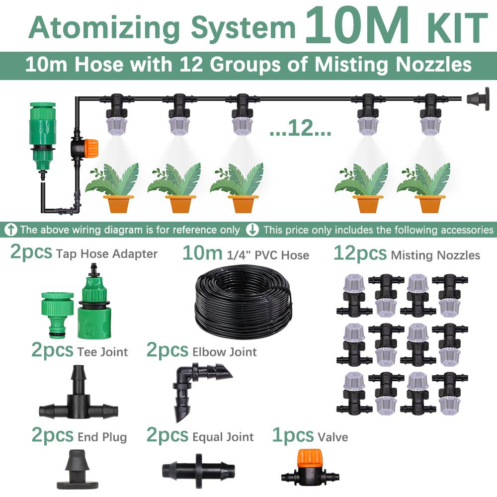 30-10m 60W Self-priming Pump Kit Misting Cooling System 1/4" 4/7mm Adjustable Nozzle Atomizer Sprayer Garden Irrigation Watering
