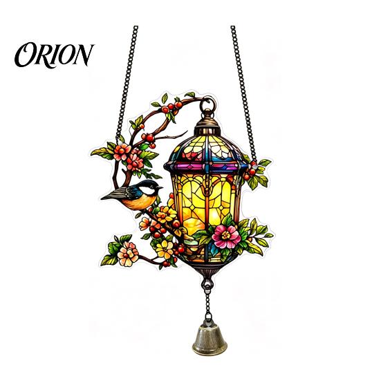 Weatherproof Hanging Decoration Vintage Lantern Bird Flower Ornament, Stained Glass Acrylic Window Squirrel Decor, Door with Bell Ornament