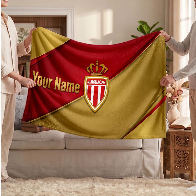 Monaco FC Personalized Fleece Blanket With Football Logo, Custom Name Text Soft Warm Home Throw Blanket