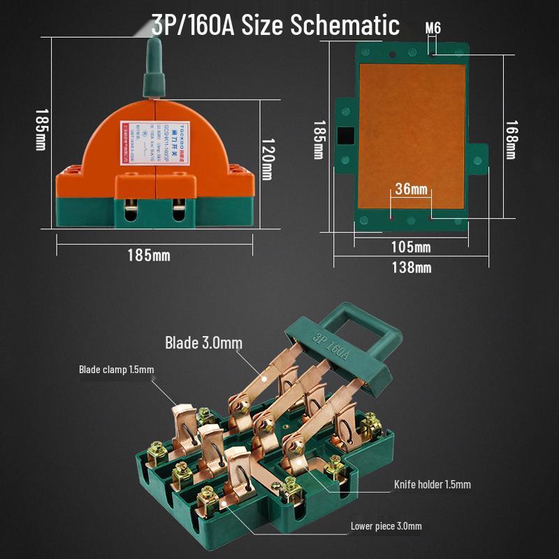 3P 63A Double-Pole Double-Throw Reversing Knife Switch, 100A Three-Phase, Dual Power Transfer
